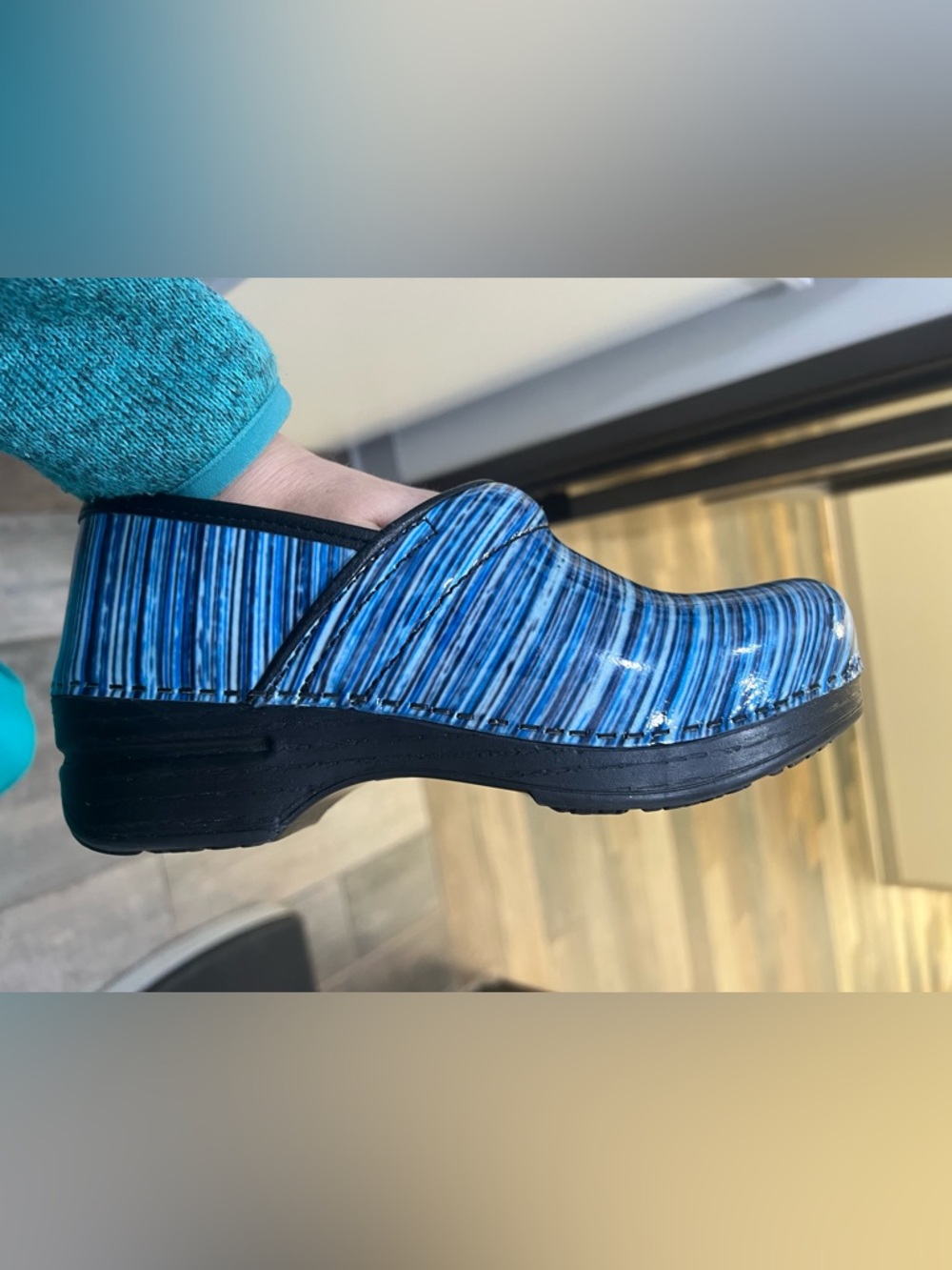 Dansko Blue Striped Patent Leather Clog
